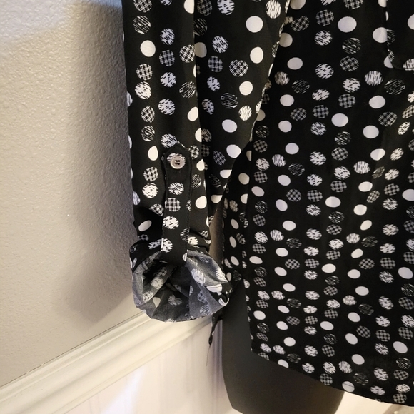 Black Notations Button Down White Polka Dot Dressy Blouse L - Picture 3 of 6